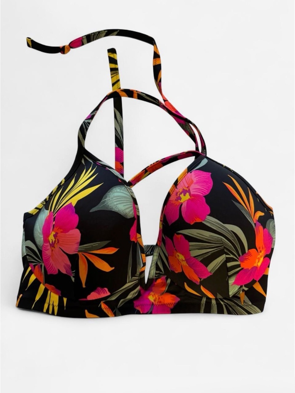 38D Shade & Shore Tropical Floral Plunge Bikini Top - Black with Pink & Orange